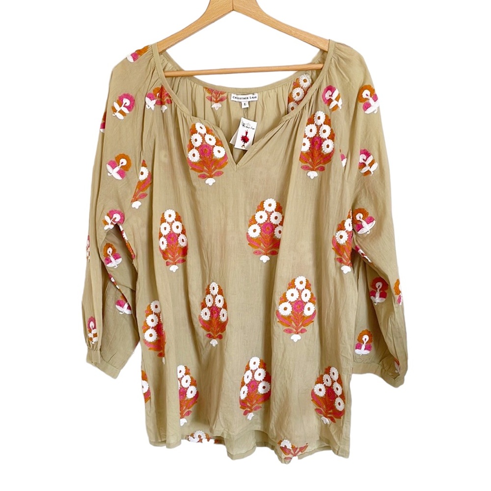 Crosstree Lane Floral Embroidered Boho Split Neck Tan Long Sleeve Top size L